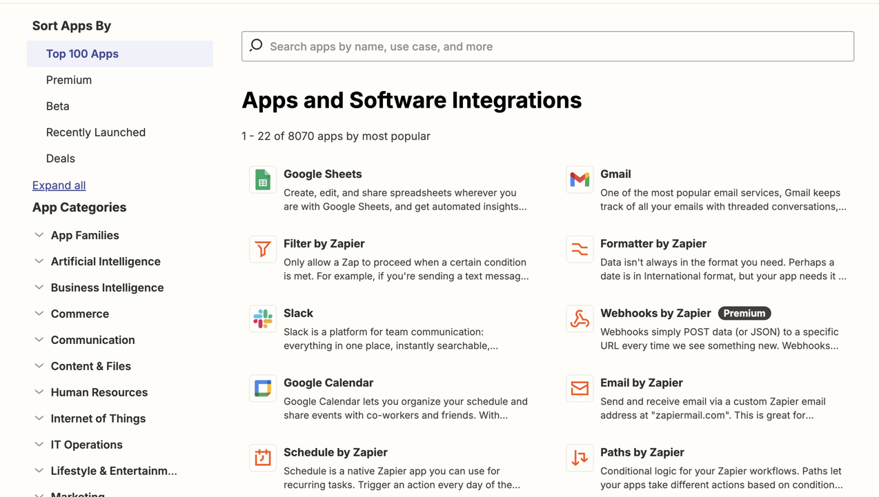 Apps available in Zapier's app directory
