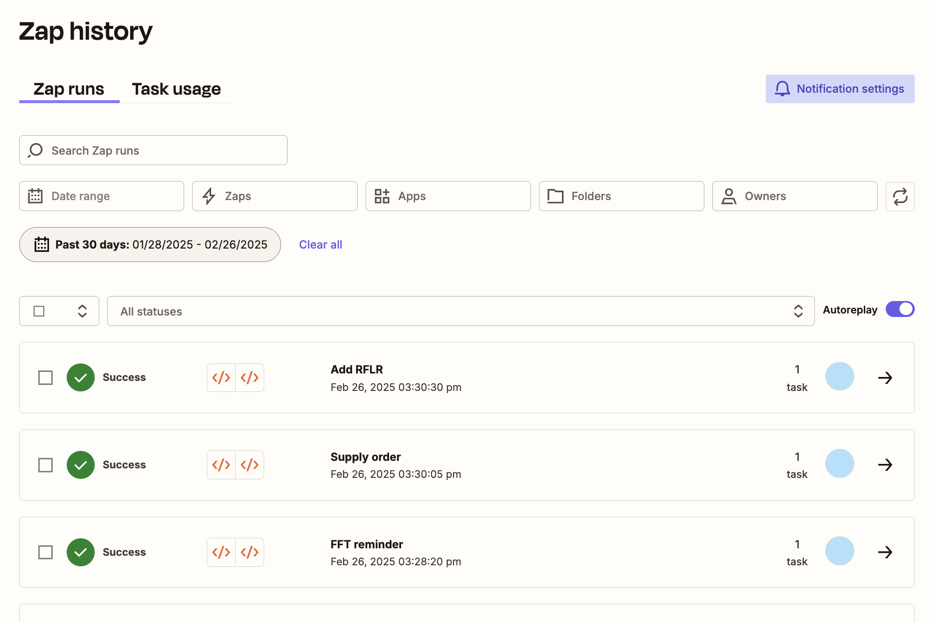 Zap history displaying Zap runs